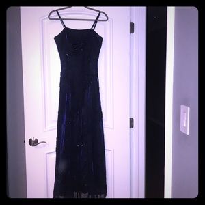 Shiny dark blue, long,  beaded dress with straps